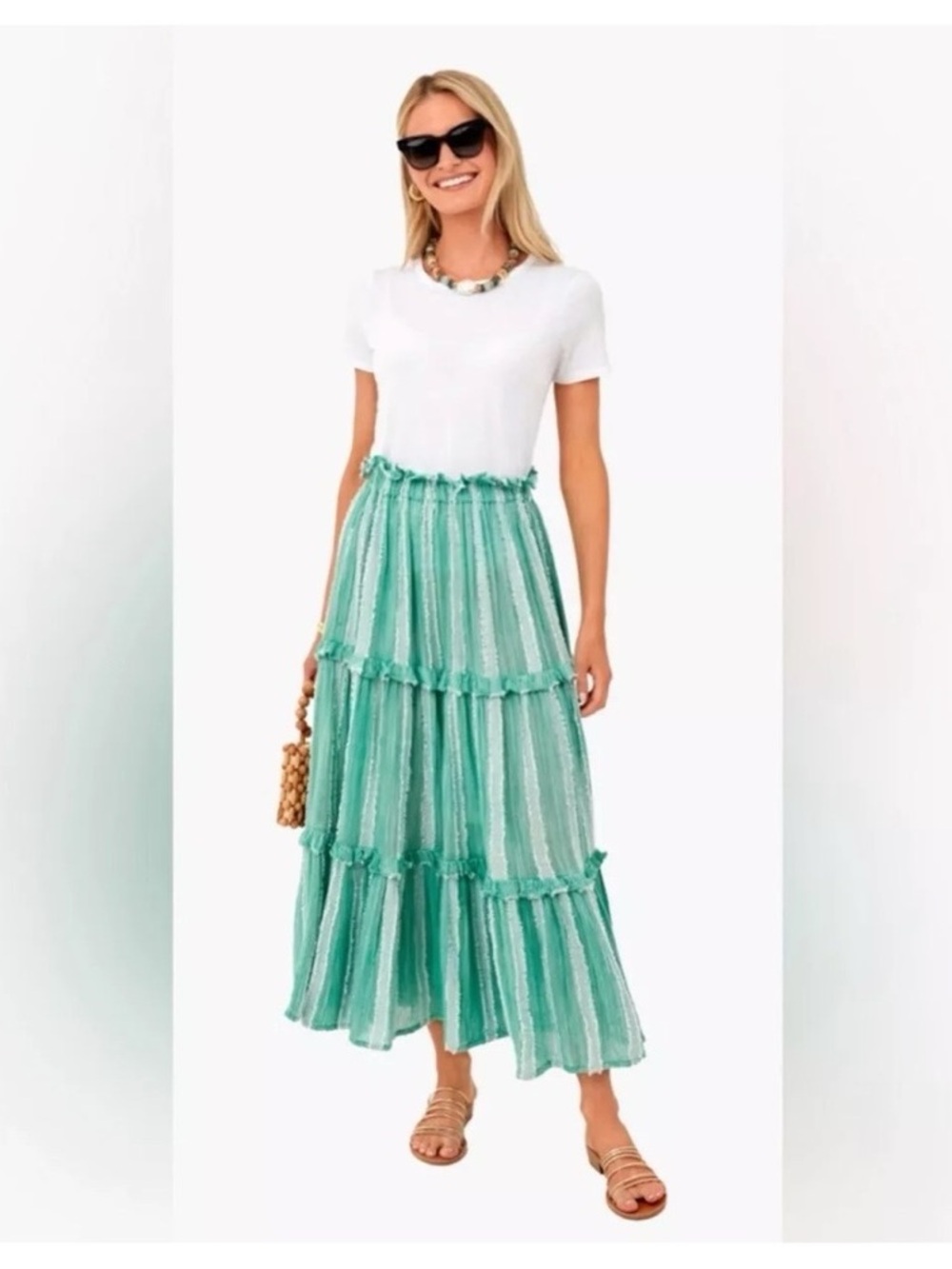Tuckernuck- green striped tiered gauze skirt